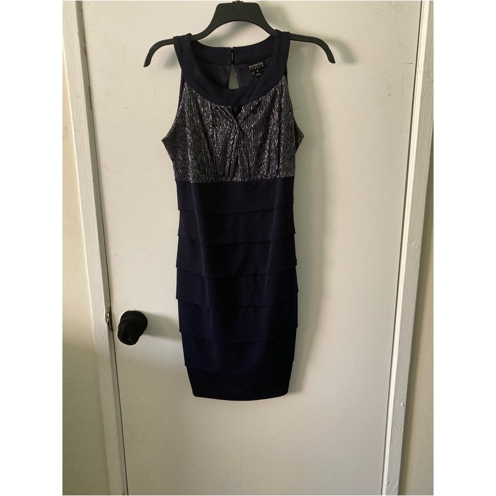 Navy blue dress with silver shimmer at top, size 4.